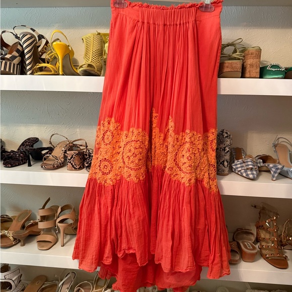 Floreat Anthropologie Coral Orange Embroidered High-Low Maxi Skirt